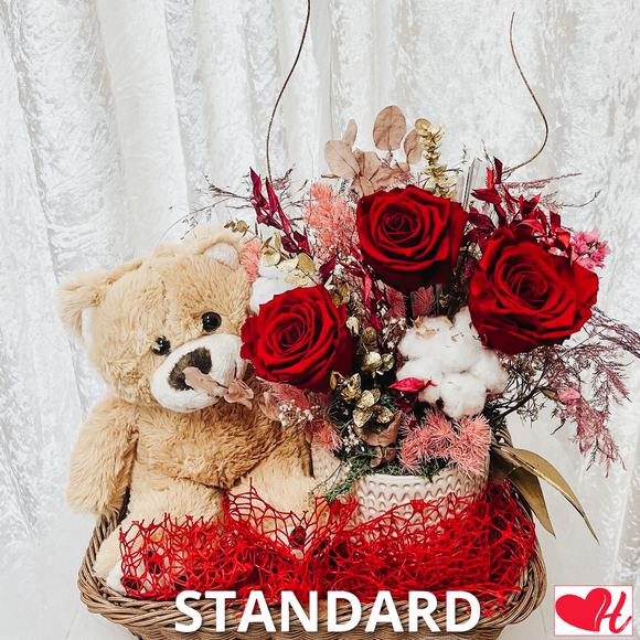 Love Bear w/ Medium Preserved Rose Arrangement (Premium) - Gift Pack